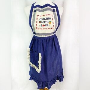Vintage Cooking with Love Cross Stitch Bib Blue Polka Dot Print Apron Long